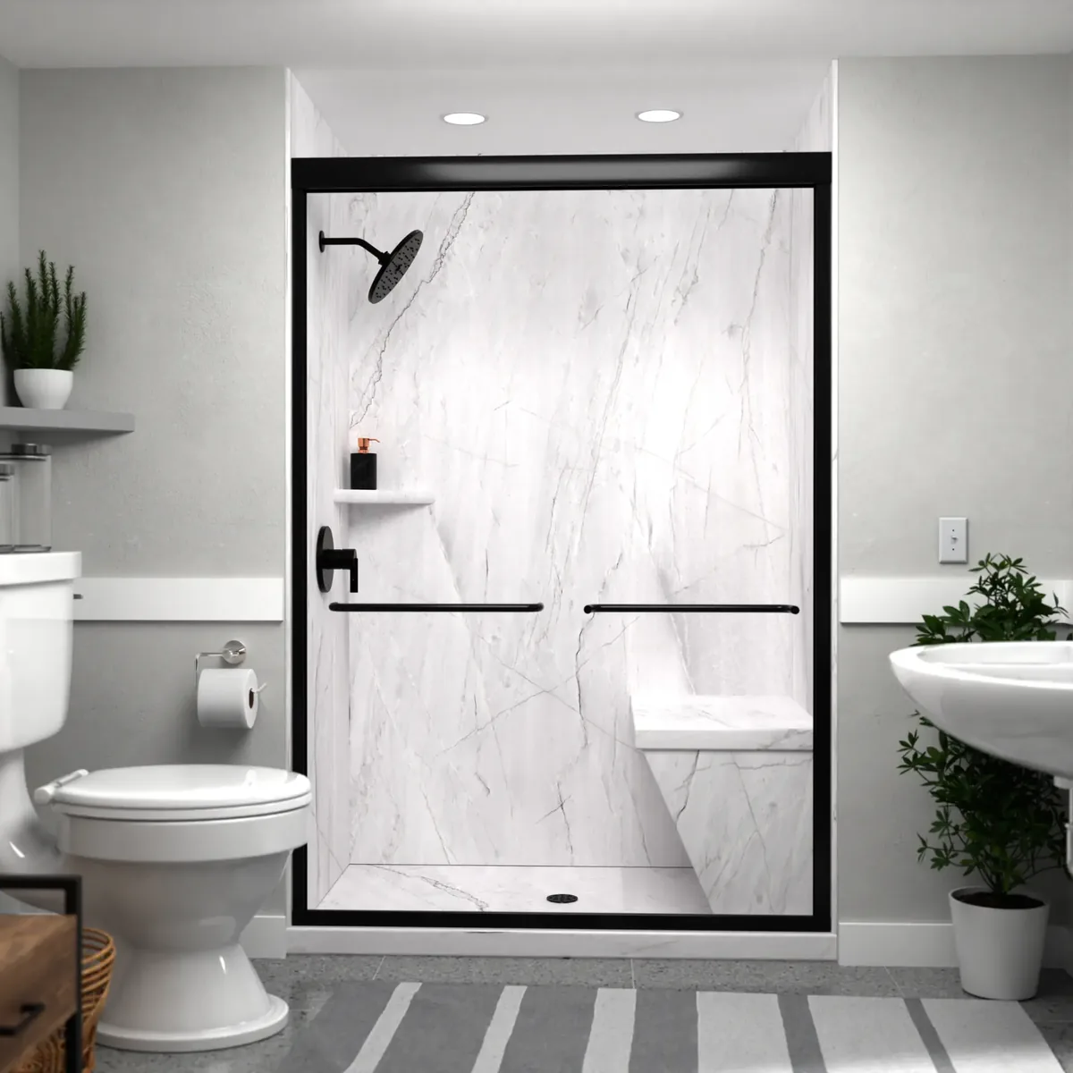 White marble-look walk-in shower with a black-framed glass enclosure