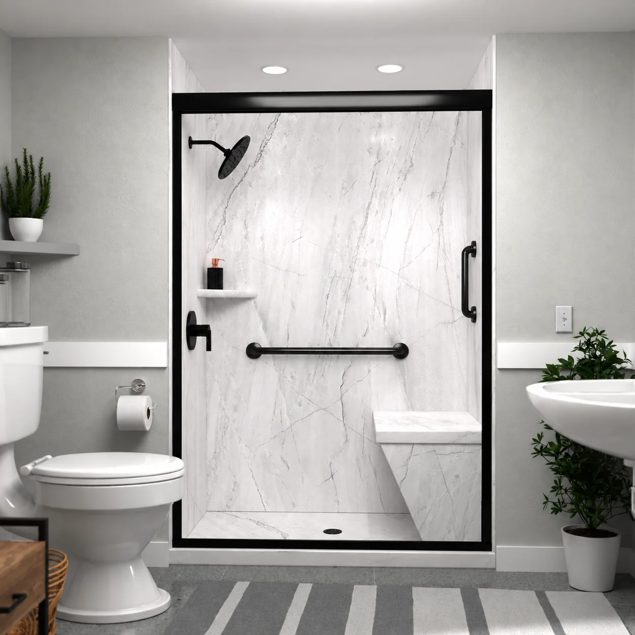 Accessible walk-in shower with grab bars, built-in seating and grout-free wall panels in El Paso, TX