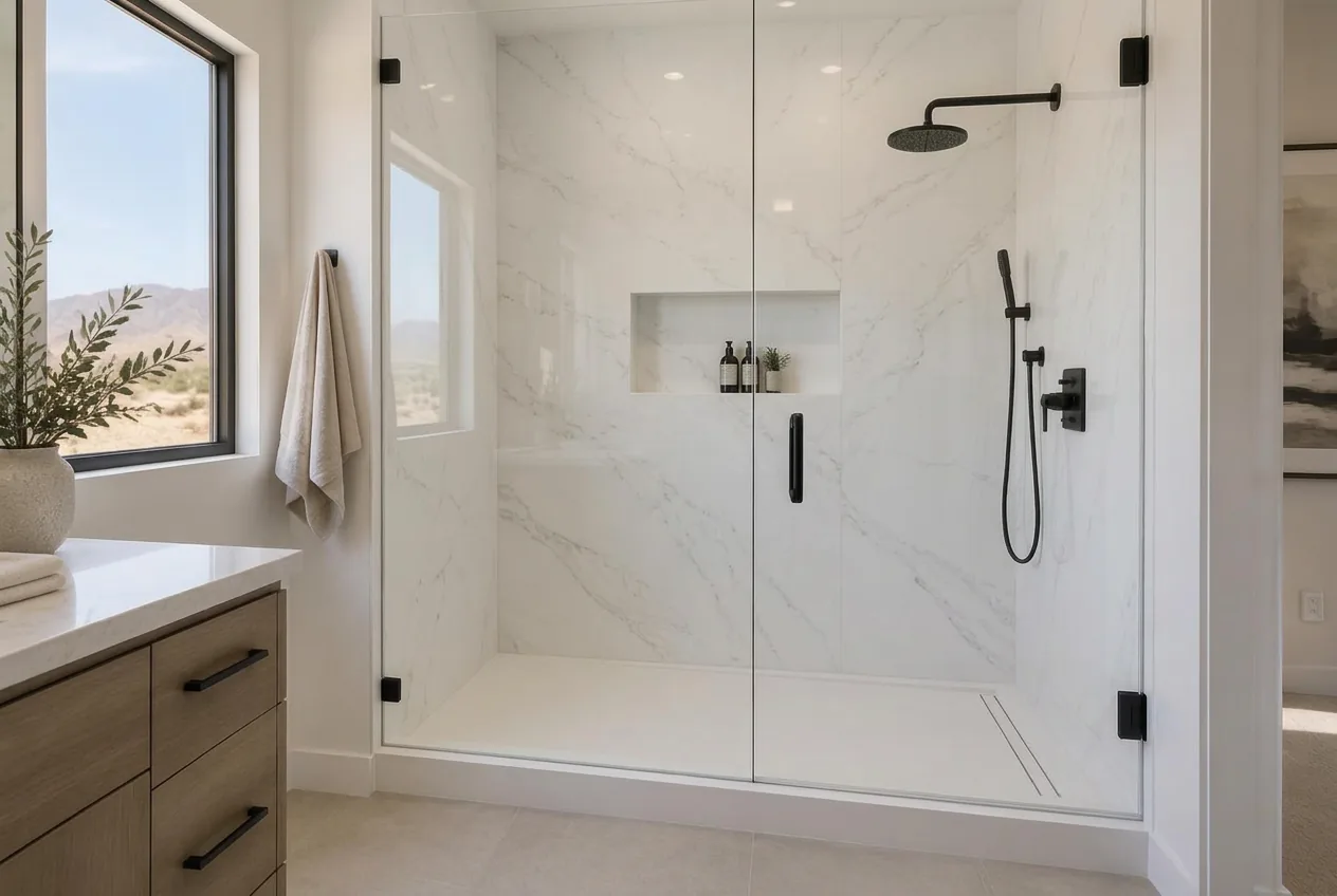 Modern walk-in shower with smooth marble-look wall panels in an El Paso bathroom