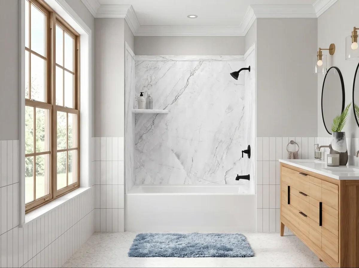 White bathtub with marble-look shower walls beside a wood vanity