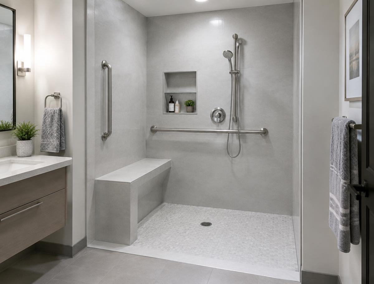 Low-threshold accessible walk-in shower with grab bars and bench seat
