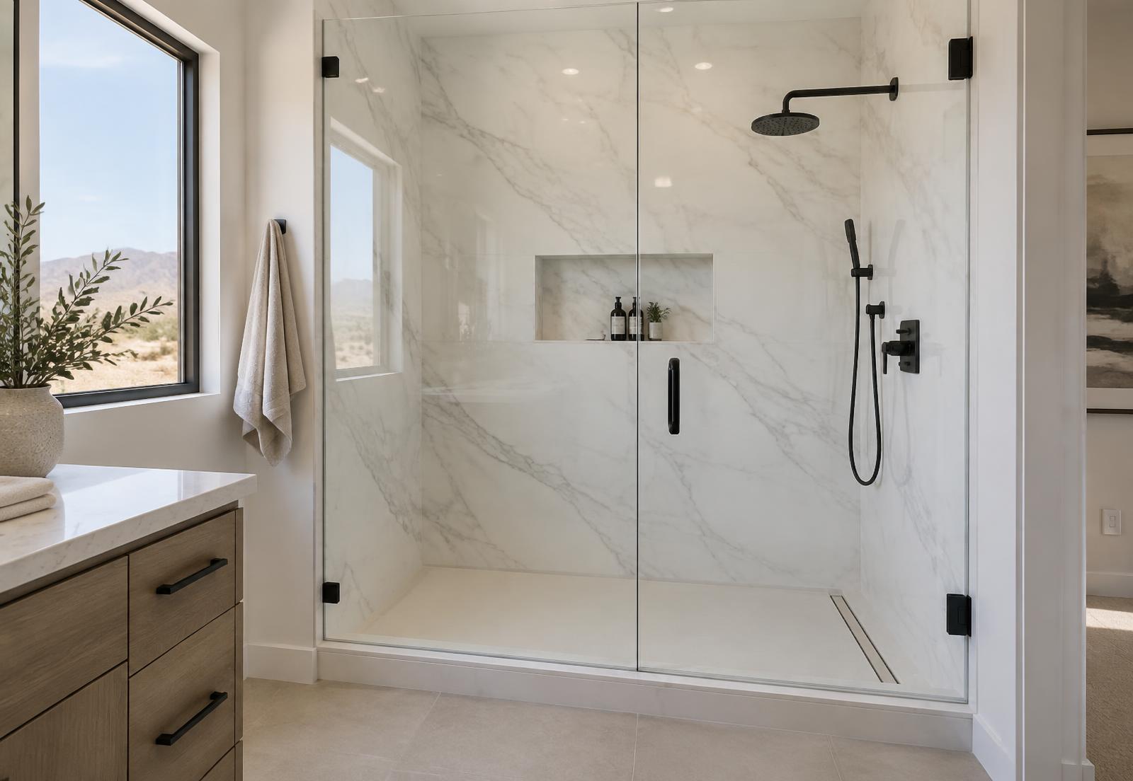Modern walk-in shower with smooth marble-look wall panels in an El Paso bathroom