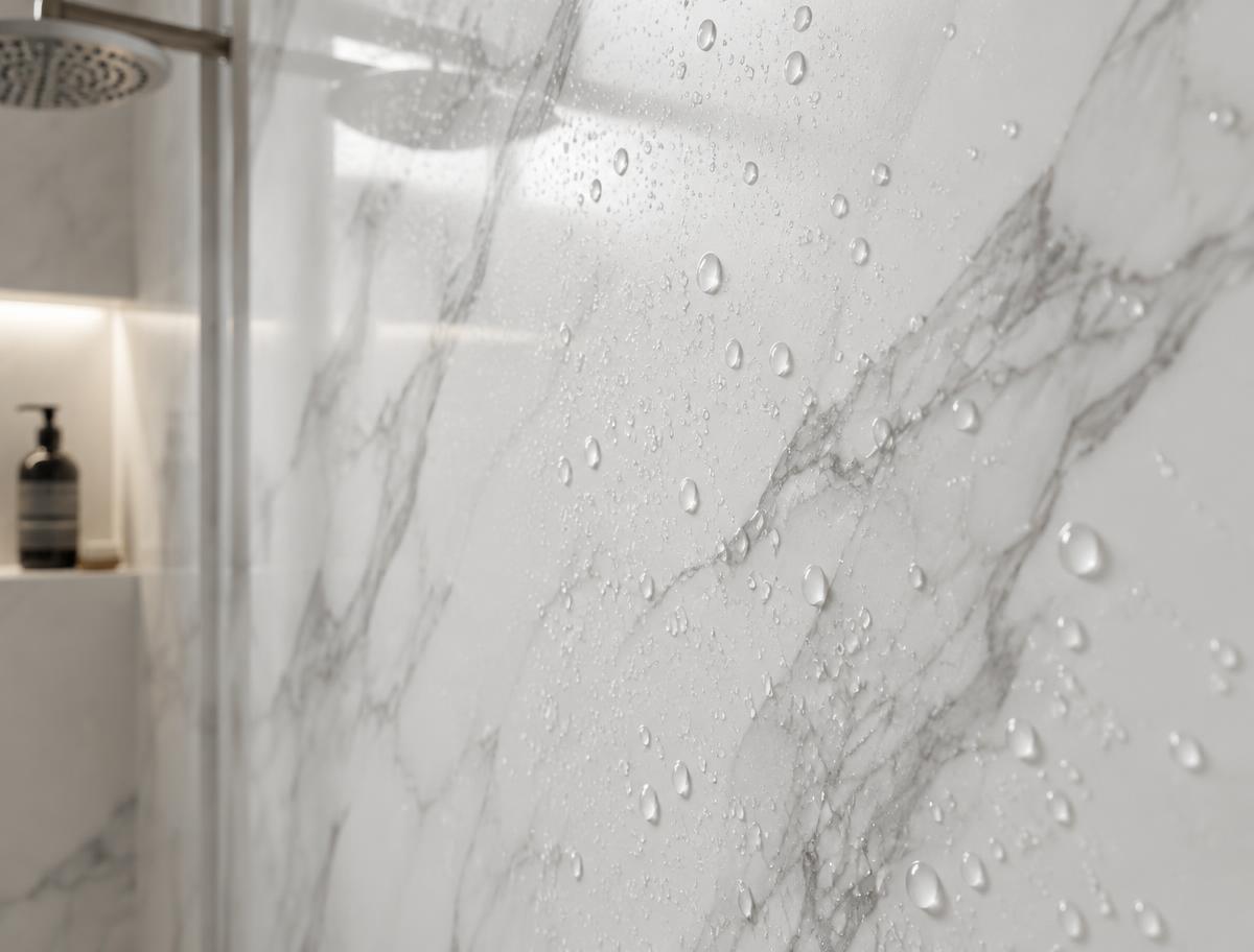 Close-up of a non-porous, grout-free marble-look shower wall panel